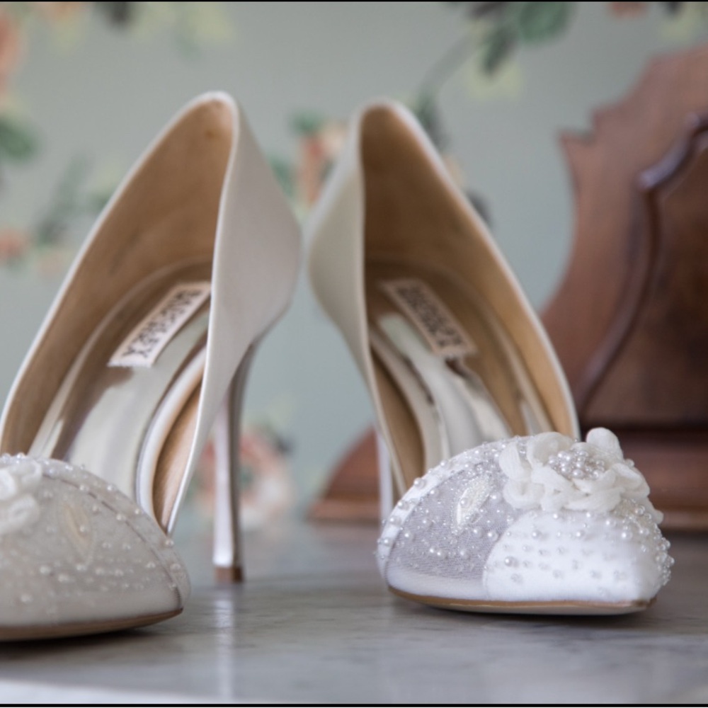 Elegant White Badgley Mishka Ophelia Embellished D'Orsay Bridal Heel